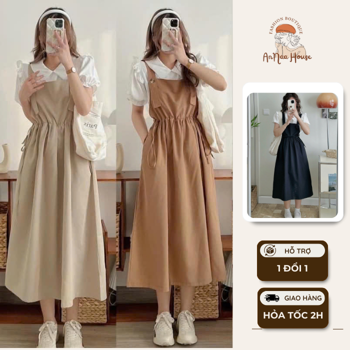 Set váy yếm kate dáng dài màu trơn thắt eo kèm áo sơ mi tay ngắn babydoll, set hai món yếm phối áo tay phồng Ulzzang