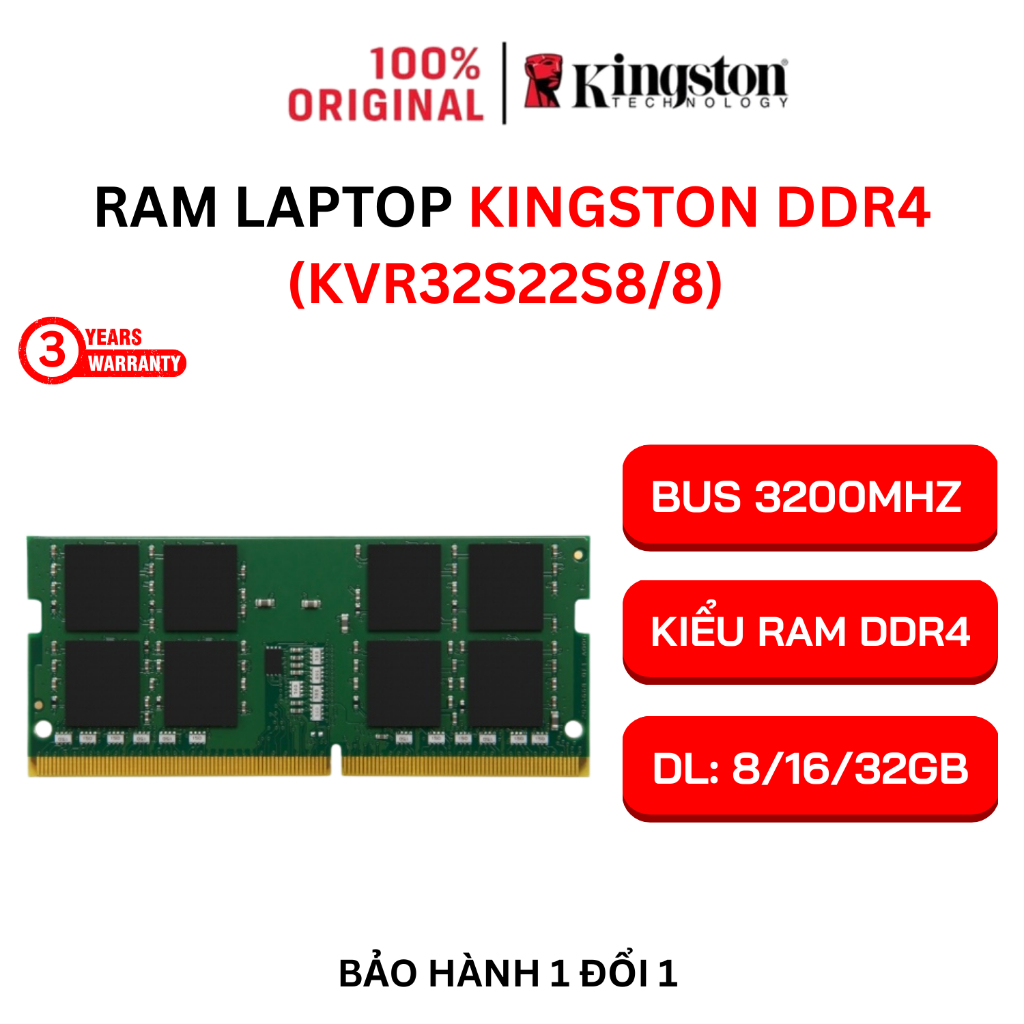 Ram Laptop Kingston 3200MHz DDR4 - KVR32S22S8/8 (8GB / 16GB / 32GB)