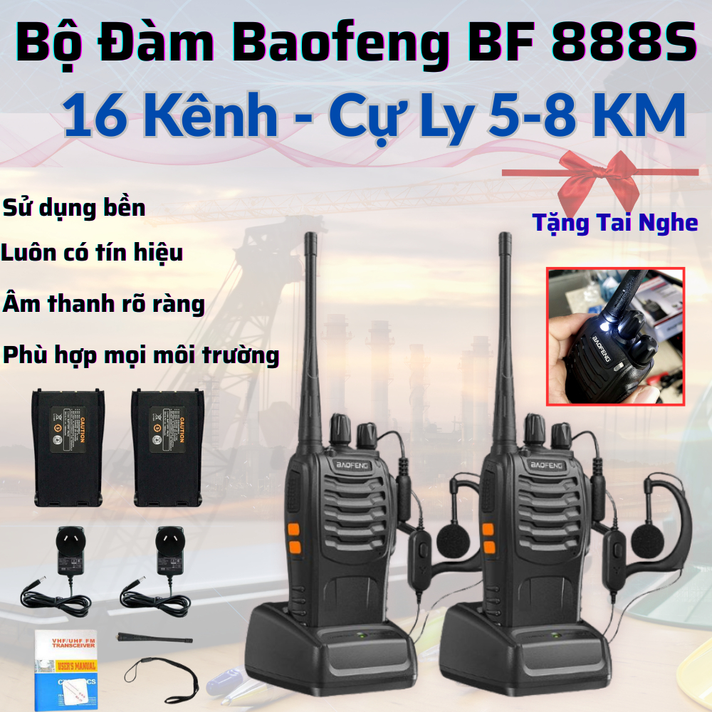 Bộ đàm Baofeng bf 888s - tặng 2 tai nghe - 2 đàm cầm tay tầm xa mini sạc pin-Bảo hành 12 tháng