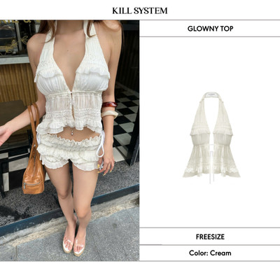 Áo cổ yếm hở lưng voan nhúng GLOWNY - 𝐊𝐈𝐋𝐋 𝐒𝐘𝐒𝐓𝐄𝐌