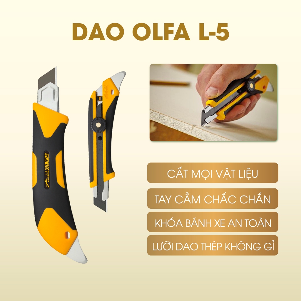 Dao kỹ thuật hạng nặng OLFA L-5 18mm cắt thảm, sàn gỗ, cao su, nhựa, mica đa năng xuất xứ Nhật Bản