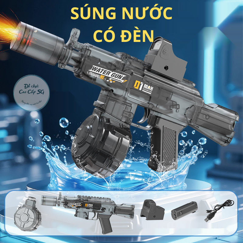 Súng nước CÓ ĐÈN, súng nước tự động M416 trong suốt, đồ chơi cho bé ngoài trời quà tặng cho bé