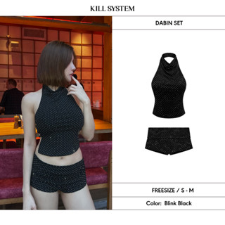 [CÓ TÁCH LẺ] Áo cổ yếm và quần short cạp trễ đính đá gập eo tôn dáng DABIN -  KILL SYSTEM