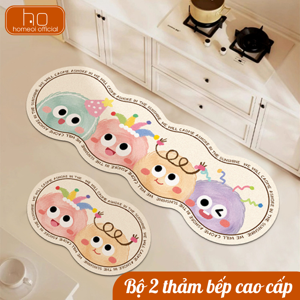 Bộ 2 Thảm Bếp Tảo Cát Diatomite Họa Tiết Hoạt Hình, Lót Sàn Thấm Hút, Chống Trơn Trượt