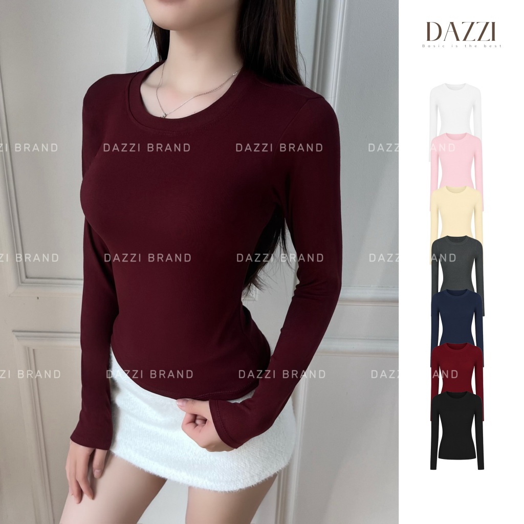 Áo thun nữ cổ tròn tay dài DAZZI,áo thun trơn nữ tay dài form ôm vải cotton lụa mềm mịn co dãn A019D