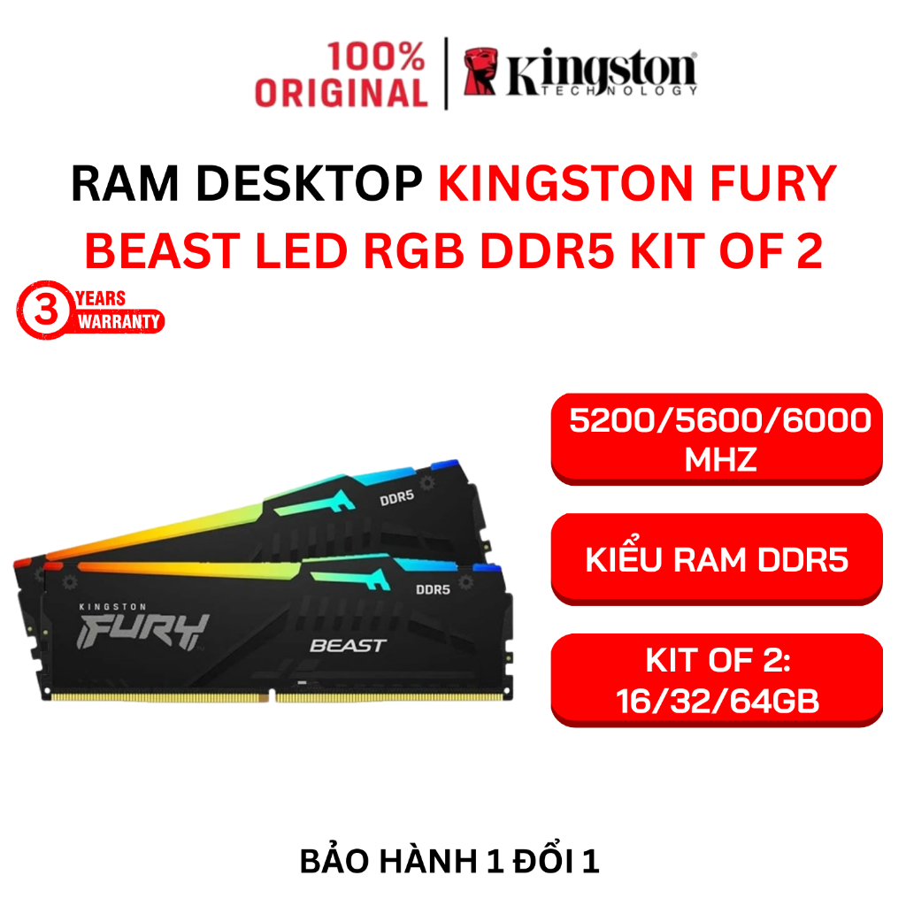 Ram Kingston Fury Beast DDR5 RGB 16Gb/32Gb/64Gb Kit of 2 | Bus 5200-6000MHz (BẢO HÀNH 3 NĂM)