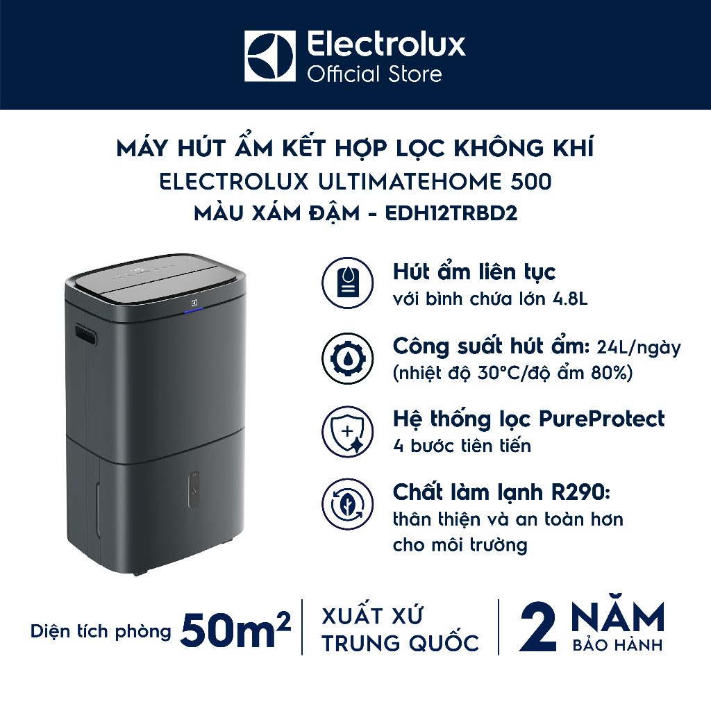 Máy hút ẩm kết hợp lọc không khí Electrolux UltimateHome 500 24L EDH12TRBD2 cho phòng 50m²