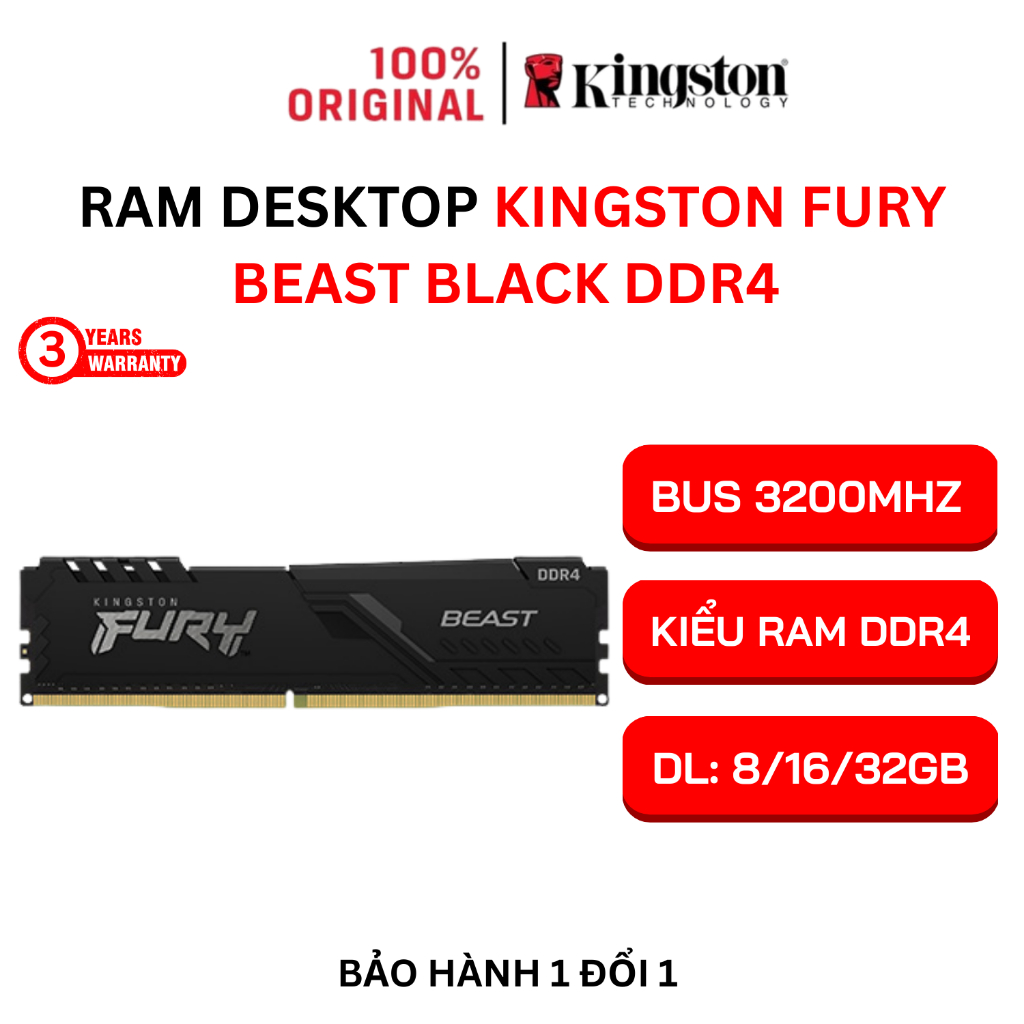 RAM Desktop Kingston Fury Beast DDR4 Bus 3200Mhz (KF432C16BB/8) | Hàng chính hãng - Bảo hành 3 năm