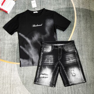 COMBO ÁO ĐEN TAY NGẮN SỌC PHỐI QUẦN SHORT JEAN RÁCH VẨY SƠN, CHẤT COTTON ĐẸP MỊN