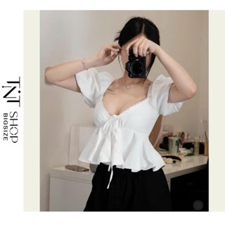ÁO CROPTOP BIGSIZE CỔ V TAY BỒNG PHỐI REN  [ TNT SHOP BIGSIZE 60kg - 90kg ]