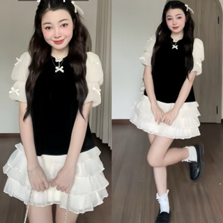 Váy nhung tiểu thư Dilyshop phối tay bồng đính nơ thiết kế chân bèo có quần bảo hộ kín đáo