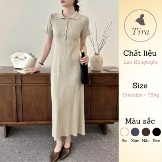 Váy len bầu dáng xòe TIRA MAMA M242 Váy bầu dáng dài chất len thỏ mềm cộc tay cổ Polo phối khuy lệch