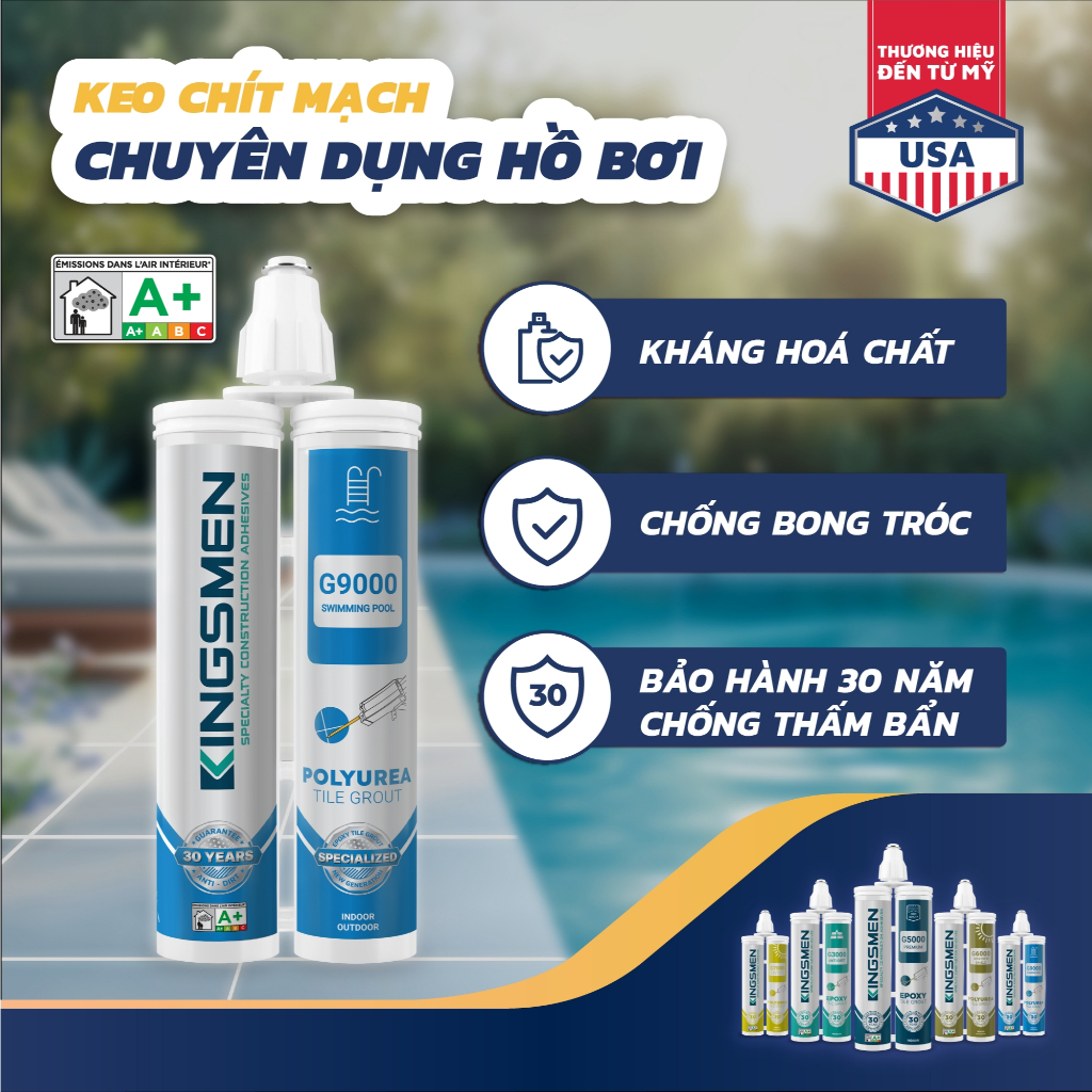 Keo chít mạch 2 thành phần epoxy chống thấm, keo chà ron gạch chuyên dụng hồ bơi Kingsmen G9000 (Đã 