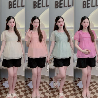 Set Áo Bầu Cổ Vuông Tay Phồng Kèm Quần Short Suông Form Rộng Thoải Mái