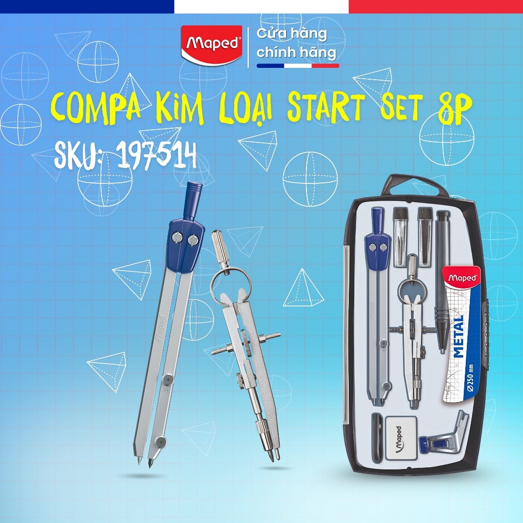 Compa Học Sinh Kim Loại Maped Set 8P- SKU: 197514, An Toàn, Chính Xác, Thương Hiệu Pháp [Chính Hãng]