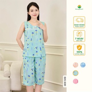  Đồ bộ mặc nhà nữ chất lanh Việt Thắng quần lửng áo sát nách mềm mát họa tiết - B05.5081 
