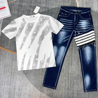  COMBO ÁO TRẮNG XÁM CHÉO PHỐI QUẦN JEAN XANH DÀI NAM VẨY SƠN CHẤT COTTON CO DÃN ĐẸP 