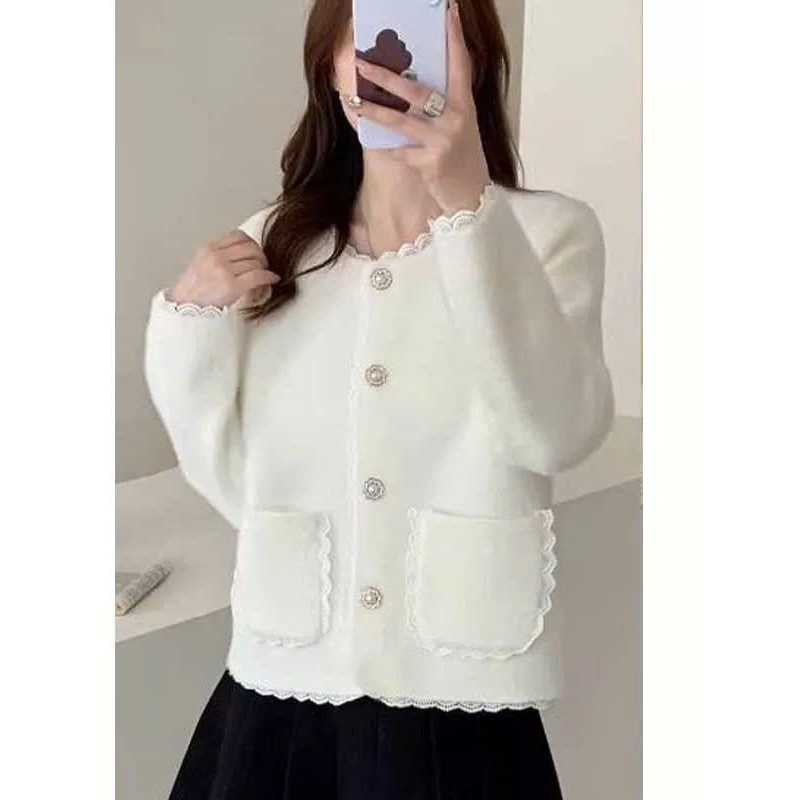 [SẴN] Áo Khoác Len Nữ Lông Thỏ Cổ Tròn Viền Bèo Tiểu Thư, Cardigan Nữ Cúc Ngọc Có Túi - 183 | BigBuy360 - bigbuy360.vn