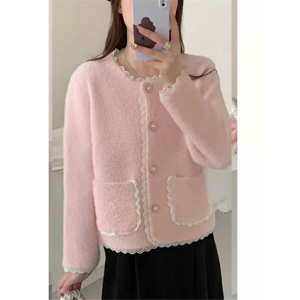 [SẴN] Áo Khoác Len Nữ Lông Thỏ Cổ Tròn Viền Bèo Tiểu Thư, Cardigan Nữ Cúc Ngọc Có Túi - 183 | BigBuy360 - bigbuy360.vn