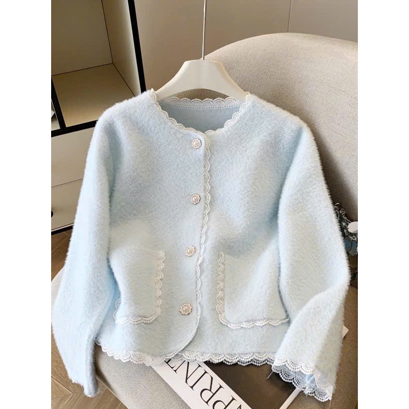[SẴN] Áo Khoác Len Nữ Lông Thỏ Cổ Tròn Viền Bèo Tiểu Thư, Cardigan Nữ Cúc Ngọc Có Túi - 183 | BigBuy360 - bigbuy360.vn