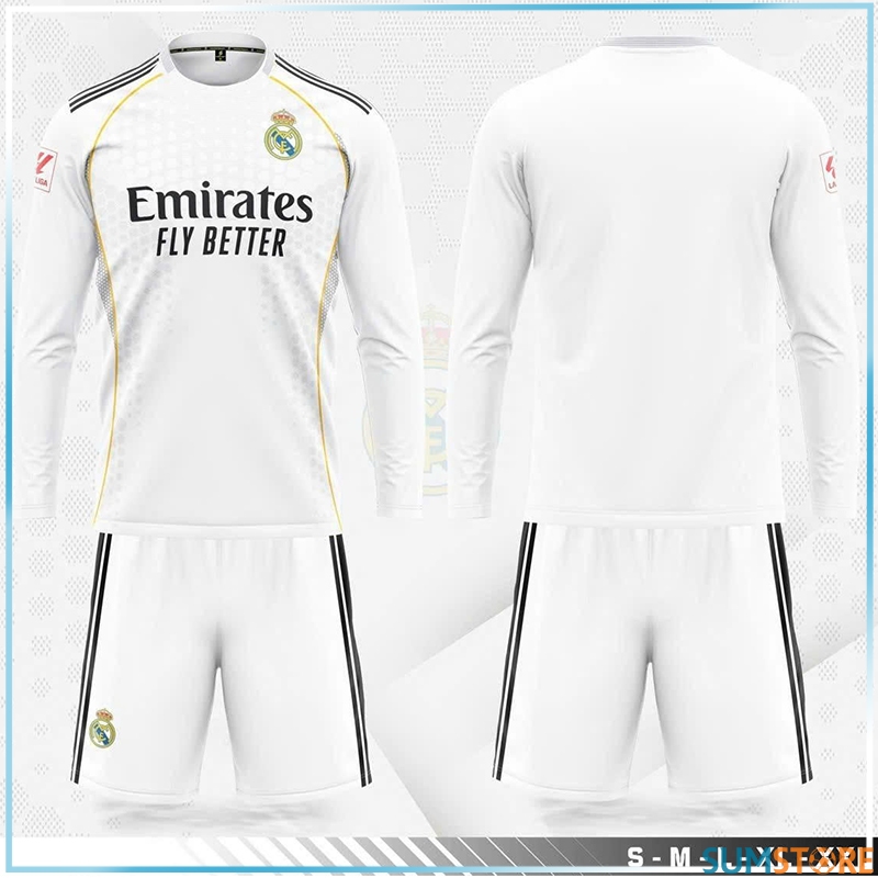 Bộ Áo Bóng Đá Real Madrid Dài Tay Trắng Sân Nhà - Đồ Đá Banh Nam Nữ Mới