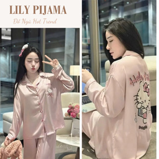 Bộ pijama nữ lụa màu hồng in hình hello kitty dễ thương, đồ ngủ nữ dài tay chất mềm mịn mặc ở nhà thoải mái HCOM26407