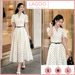 Đầm Wendy Chấm Bi Dáng Dài, Thiết Kế Nơ Eo Cổ Vest Sang Trọng, Tôn Dáng Nữ Tính Đi Tiệc Đi Làm Lagoo Designs