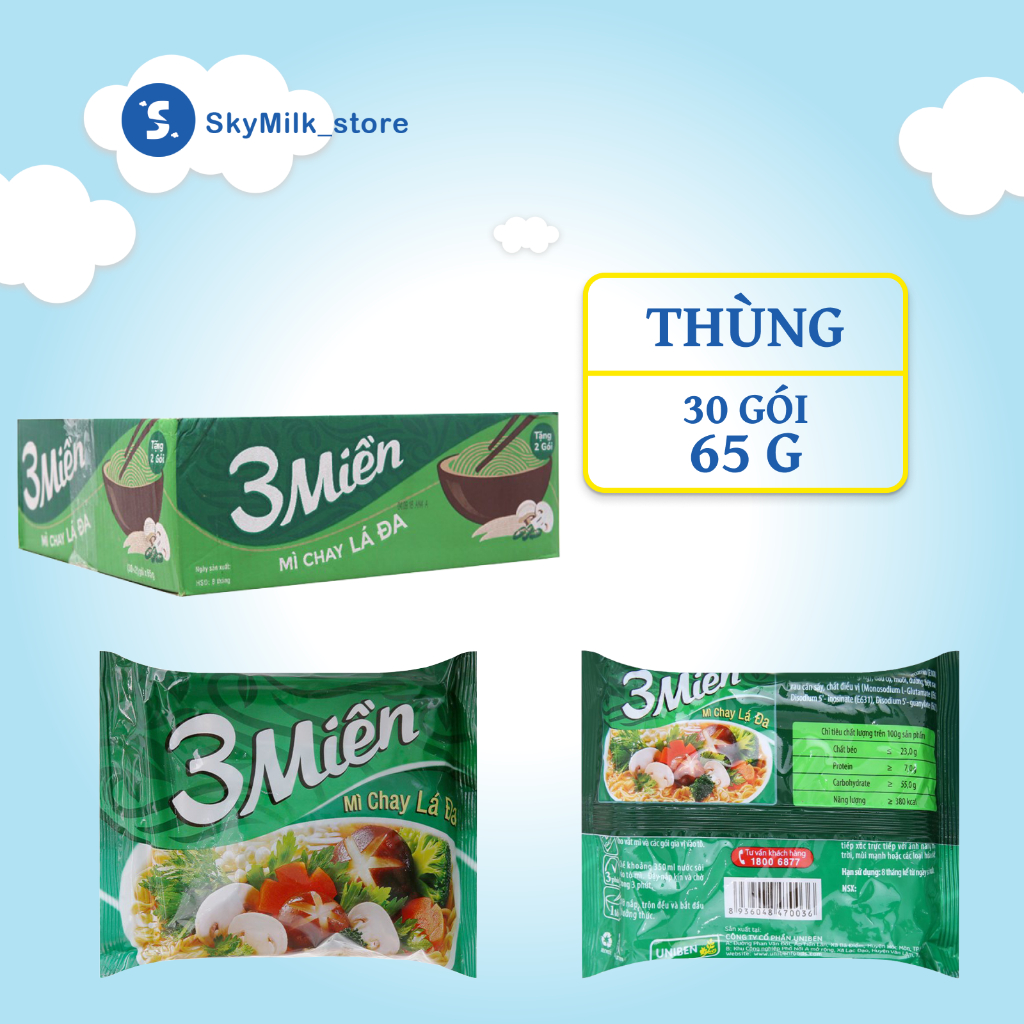 Thùng 30 Gói Mì Chay Lá Đa 3 Miền 65g - 65/30 gói Mì 3 Miền Chay Lá Đa - Mì 3 Miền Chay