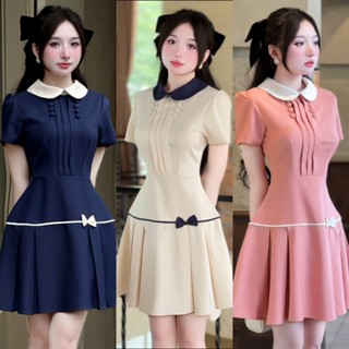 B104 - Đầm Thiết kế Cổ Sen dáng ngắn phối Nút Bọc tùng váy xếp ly tiểu thư, trẻ trung Mijustore