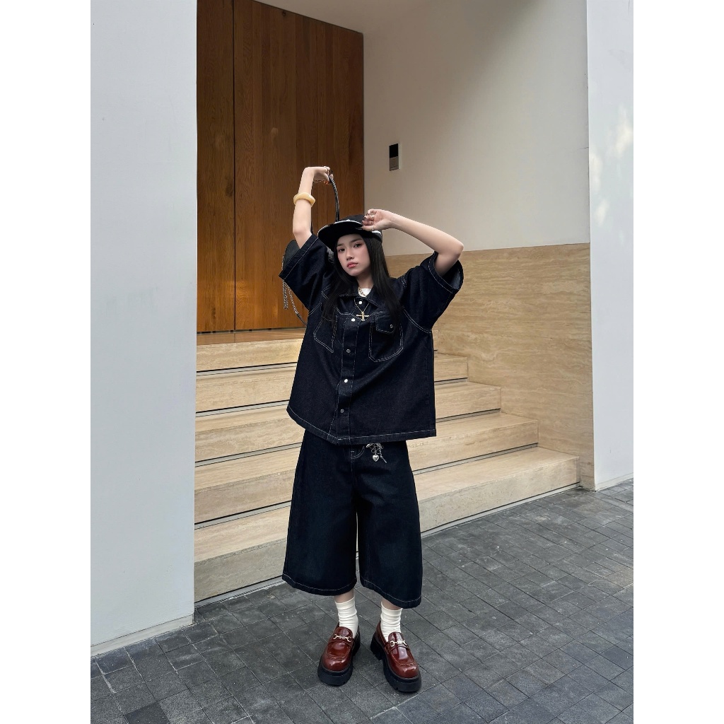 Set Quần Áo Denim GODMOTHER 2026 Đồ Bộ Nam Denim (Áo + Quần) Cộc Tay Form Rộng Trẻ Trung Cao Cấp | BigBuy360 - bigbuy360.vn