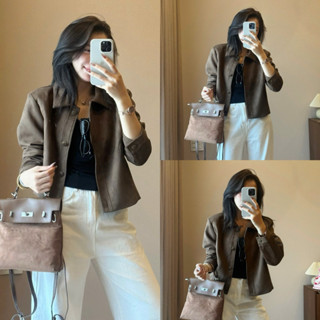 (KÈM MÓC+BỌC PHỦ) Áo khoác da lộn nhẹ DÁNG CROPTOP cúc đồng QC2010