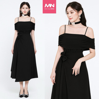 Đầm dự tiệc MINA hai dây trễ vai dáng xoè vạt chéo midi chất Cotton phối thun Lazong màu đen MN250