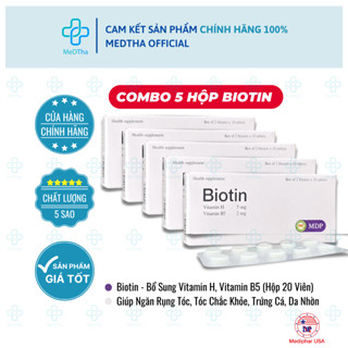   COMBO 5 HỘP  Biotin - Bổ Sung Vitamin H Vitamin B5  Hỗ Trợ Giảm Rụng Tóc Gãy Móng  Hộp 20 Viên  