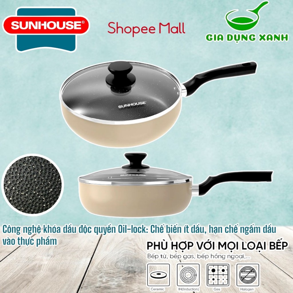 Chảo Chống Dính Bếp Từ Sâu Lòng SUNHOUSE kích thước 20 26 28 30 CM Siêu Dày (dùng được mọi loại bếp)