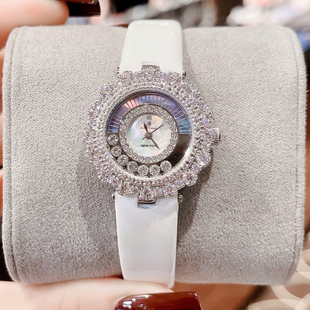 [New] Đồng Hồ Nữ Royal Crown Dây Da Trắng Mặt Đá Rơi Vỏ Silver Size 30mm - Royal Crown 4660