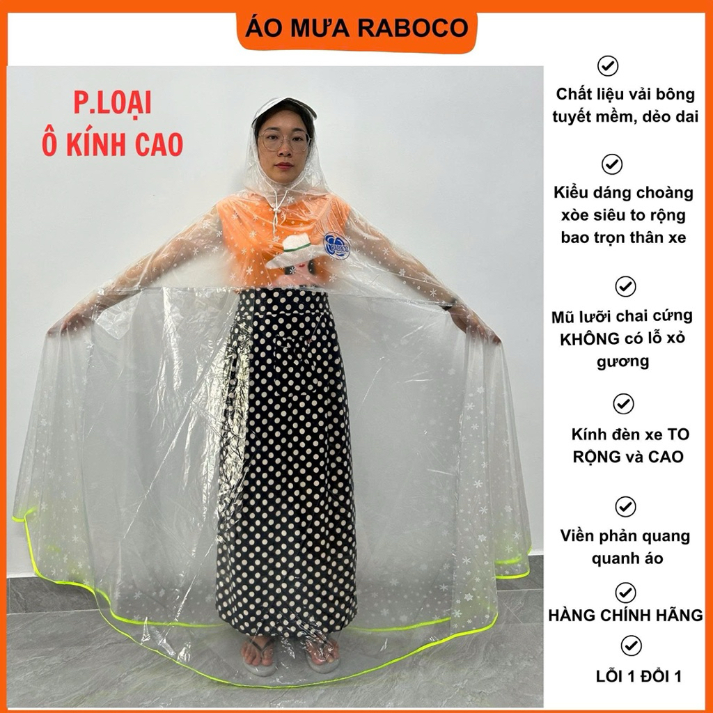 Áo mưa bông tuyết choàng xoè siêu to rộng raboco, form đại trùm kín xe, ô kính cao trong suốt, big size 1 đầu, 2 đầu