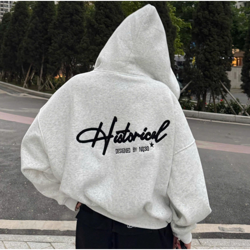 Áo Khoác Hoodie Zip COTTON Thêu Xù NQ30 HISTORICAL Form Boxy Form Rộng Nam Nữ Unisex