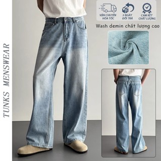 Quần Jean Nam Xanh Nhạt Quần Wash Jeans Form Rộng Kiểu Retro Thẳng Loose Wide-Leg High Street quần bò nam phố bò xanh