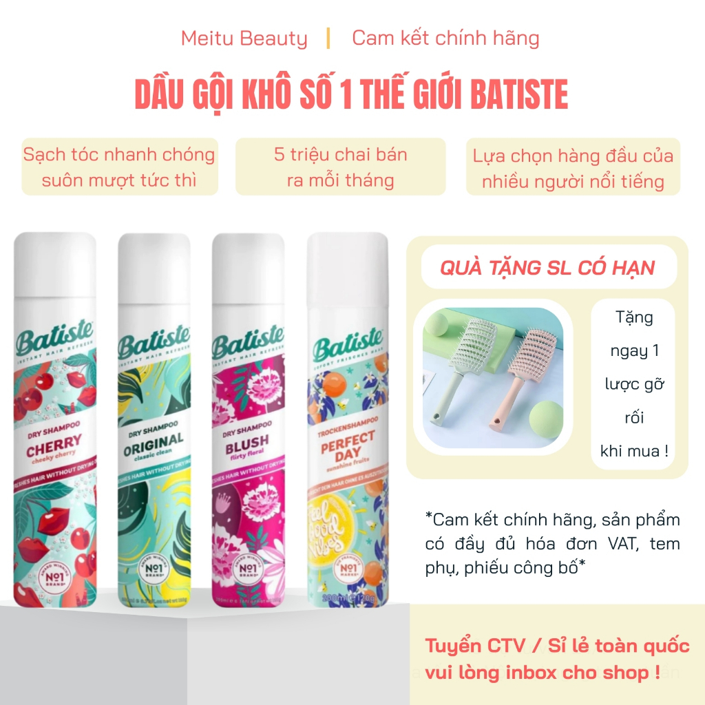 Dầu gội khô Batiste 200ml suôn mượt tóc tức thì, Batiste dầu gội khô chính hãng có tem, Meitu Beauty