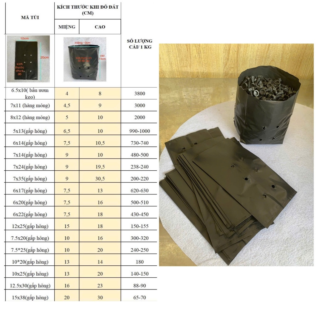 túi bầu ươm cây nilon dẻo dai- số lượng nhiều(chọn size)(phân loại là kích thước đã đổ đất)