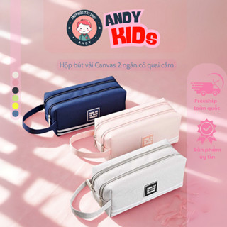 Túi vải đựng bút viết ANDY KIDS hộp thiết kế 2 dây kéo học sinh hộp bút vải canvas siêu to túi viết