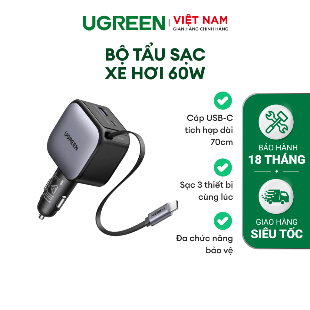 Bộ tẩu sạc xe hơi 60W Ugreen