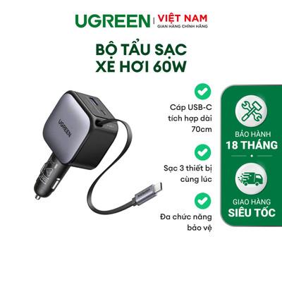 Bộ tẩu sạc xe hơi 60W Ugreen | Cáp USB-C dài 70cm tích hợp | Đa chế độ bảo vệ an toàn | Bảo hành 18 tháng 1 đổi 1 55212B