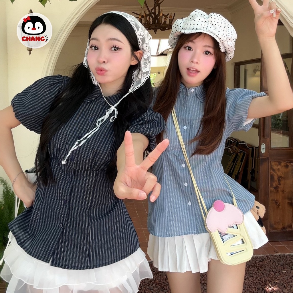 Áo Sơ Mi Kẻ Sọc tay Bồng Chiết Eo Tôn Dáng Kèm Dây Buộc Eo ChangStore - A11