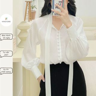 Áo sơ mi công sở HINSTORE áo sơ mi nữ lụa tằm sọc cổ nơ tay bồng cổ nơ cúc bọc phong cách thiểu thư thanh lịch 216