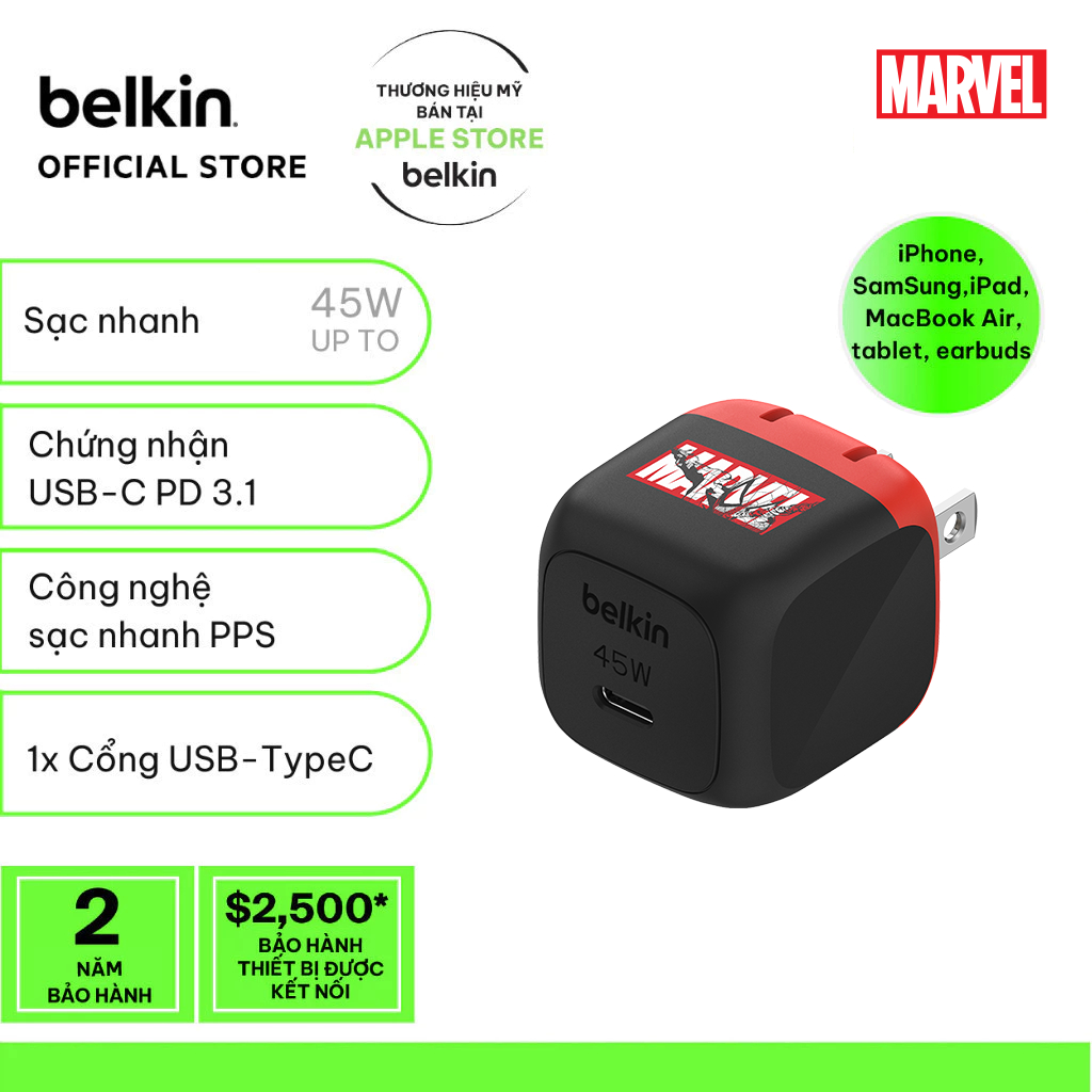 Adapter sạc nhanh 45W, 1 cổng USB-C, PD 3.1 PPS, Spiderman-Marvel-Disney series Belkin