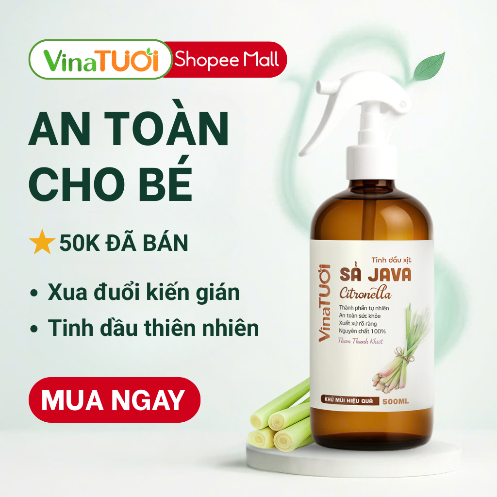 Xịt Muỗi Tinh Dầu Sả Chanh Vina Tươi 500ml An Toàn Cho Bé, Đuổi Gián Kiến Khử Mùi