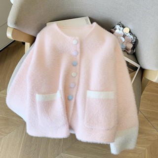   SẴN  Áo Len Khoác Ngoài Nữ Áo Len Lông Thỏ Cổ Tròn Nhiều Cúc Tiểu Thư Điệu Đà Màu Hồng Màu Xanh Nhạt - 623 