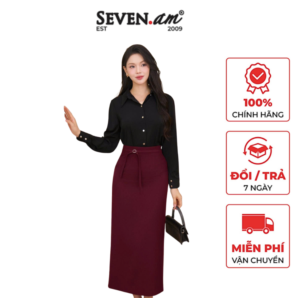 Chân váy suông đỏ đậm phối đai thời trang nữ Seven.AM B700071E