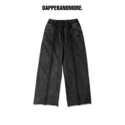 Quần Dài Nỉ Ống Rộng Wash DAPPERANDMORE "WIDE-LEG TRACKSUIT SWEATPANTS" Phối Line Rã May 450GSM - Đen